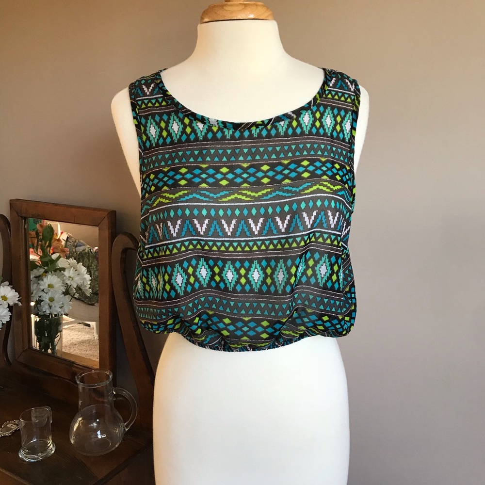 Kirra tribal pattern grey, teal & yellow crop tank